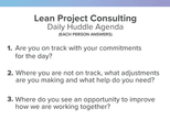 lean project consulting daily huddle agenda